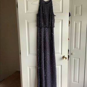 Adrianna Appel Art Deco Dress with Halter Neckline. Color Gunmetal